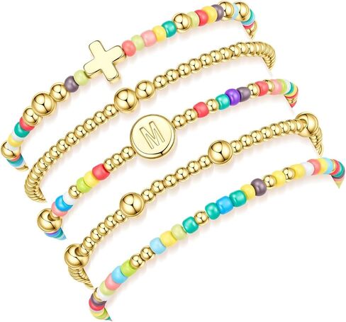 M MOOHAM Gifts for Women Girls - 5PCS Colorful Beaded Bracelets Cross Bracelet Disc Letter A-Z Initial Bracelet Stretch Stackable Bracelet Set for Women, Birthday Gift Christian Jewelry in Saudi Arabia