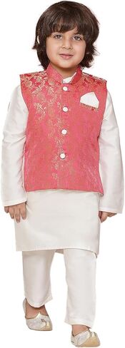 AJ DEZINES Kids Ethnic Wear Brocade Full Sleeve Embroidery Kurta Pajama Set For Boys With Waist Coat Nehru Jacket in Kuwait