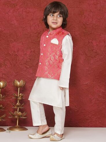AJ DEZINES Kids Ethnic Wear Brocade Full Sleeve Embroidery Kurta Pajama Set For Boys With Waist Coat Nehru Jacket in Kuwait