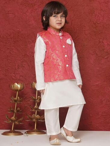 AJ DEZINES Kids Ethnic Wear Brocade Full Sleeve Embroidery Kurta Pajama Set For Boys With Waist Coat Nehru Jacket in Kuwait