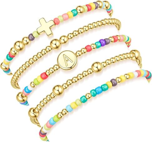 M MOOHAM Gifts for Women Girls - 5PCS Colorful Beaded Bracelets Cross Bracelet Disc Letter A-Z Initial Bracelet Stretch Stackable Bracelet Set for Women, Birthday Gift Christian Jewelry in Saudi Arabia