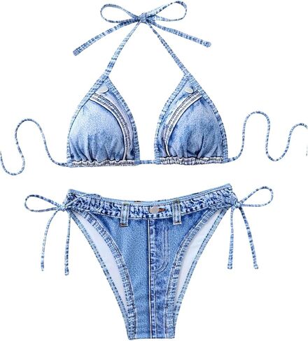 SHENHE Women's Bikini Set Denim Print Triangle Halter Side Tie Swimsuits 2 Piece Bathing Suits in Saudi Arabia