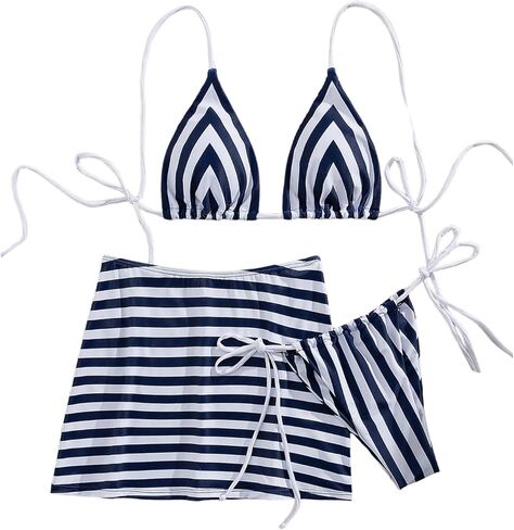 MakeMeChic Women's 3 Piece Summer Swimsuit Striped Micro Mini Bikini Set with Beach Cover Up Skirt in Saudi Arabia