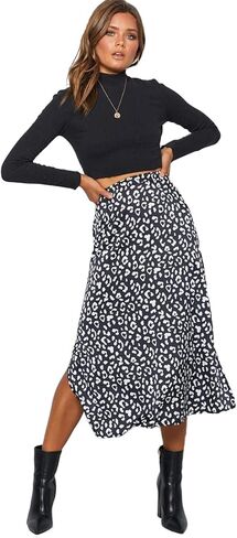 LYANER Women's Sexy High Waist Leopard Print Side Slit Split Hem Midi A Line Skirt in Saudi Arabia