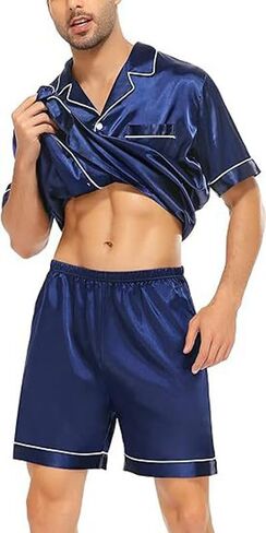 Men's 2-Piece Soft Silky Satin PJ Set Cozy Short Sleeve & Shorts, Lightweight Sleepwear Loungewear in Saudi Arabia