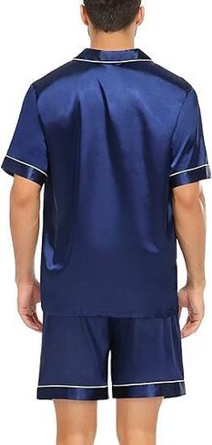 Men's 2-Piece Soft Silky Satin PJ Set Cozy Short Sleeve & Shorts, Lightweight Sleepwear Loungewear in Saudi Arabia