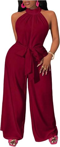 OYOANGLE Women's Overalls Jumpsuit Loose Wide Leg Ruched Elegant Sleeveless Halter Party Harem Jumpsuits in Saudi Arabia