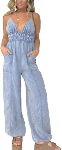Denim Lightweight V-Neck Jumpsuit 2024 New Casual Spaghetti Jumpsuit with Pockets Rompers for Women in Saudi Arabia