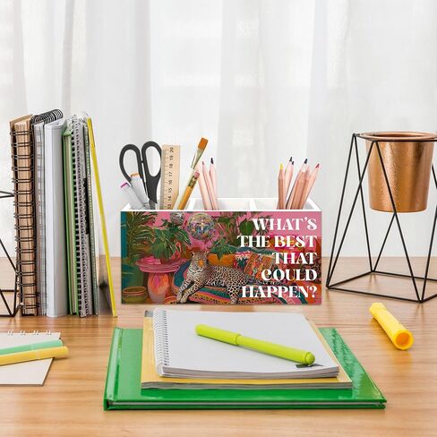 Leopard Disco Pen Holder for Desk, Pink Preppy Coquette Cheetah Pencil Organizer, Maximalist What's The Best That Could Happen Wooden Pen Holder Desk Accessories Decor for Girls Room Dorm in Saudi Arabia
