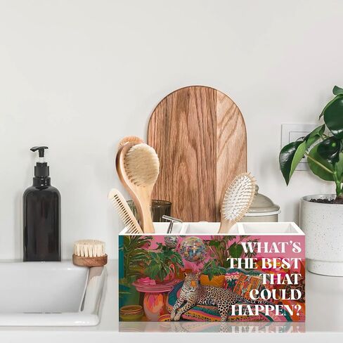 Leopard Disco Pen Holder for Desk, Pink Preppy Coquette Cheetah Pencil Organizer, Maximalist What's The Best That Could Happen Wooden Pen Holder Desk Accessories Decor for Girls Room Dorm in Saudi Arabia
