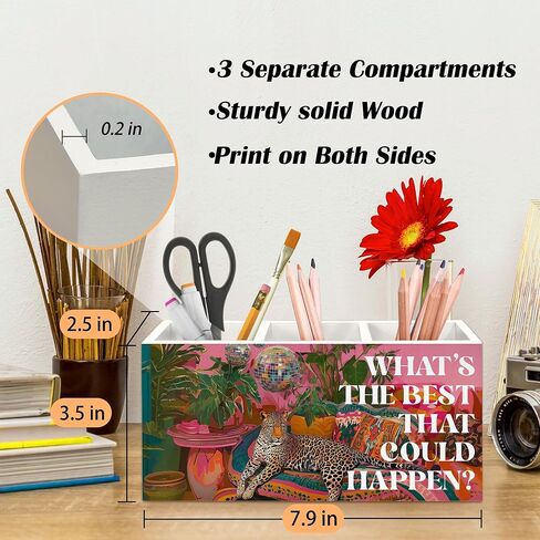 Leopard Disco Pen Holder for Desk, Pink Preppy Coquette Cheetah Pencil Organizer, Maximalist What's The Best That Could Happen Wooden Pen Holder Desk Accessories Decor for Girls Room Dorm in Saudi Arabia