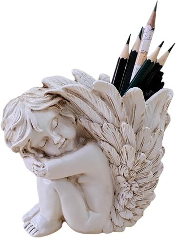 حامل أقلام على شكل ملاك - منظم مكتب لطيف وكوب أقلام رصاص مزخرف، ملحقات مكتب مكتبية فريدة كهدية للنساء (الراتنج الأبيض) in Kuwait