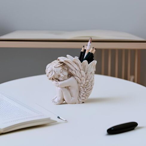 حامل أقلام على شكل ملاك - منظم مكتب لطيف وكوب أقلام رصاص مزخرف، ملحقات مكتب مكتبية فريدة كهدية للنساء (الراتنج الأبيض) in Kuwait