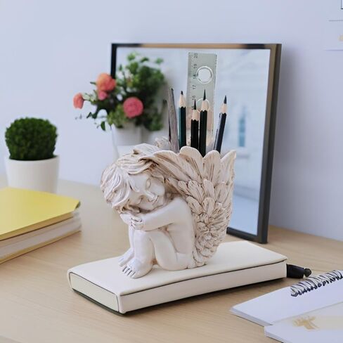 حامل أقلام على شكل ملاك - منظم مكتب لطيف وكوب أقلام رصاص مزخرف، ملحقات مكتب مكتبية فريدة كهدية للنساء (الراتنج الأبيض) in Kuwait