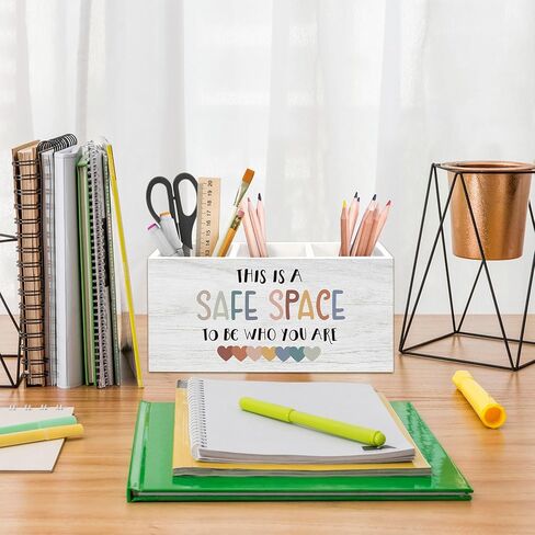 Therapist Office Decor Pen Holder for Desk, Counselor Gifts Pencil Organizer, Safe Space Sign Wooden Pen Holder Desk Accessories Decor for Home Counseling Mental Health Office in Saudi Arabia