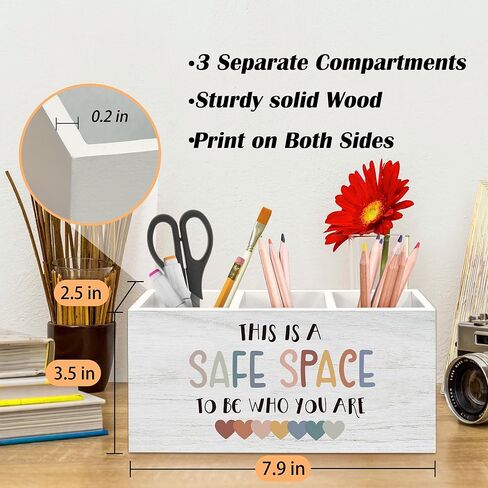 Therapist Office Decor Pen Holder for Desk, Counselor Gifts Pencil Organizer, Safe Space Sign Wooden Pen Holder Desk Accessories Decor for Home Counseling Mental Health Office in Saudi Arabia