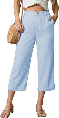 Astylish Women's 2026 Linen Cropped Pants Elastic Waist Wide Leg Summer Beach Capris in Saudi Arabia