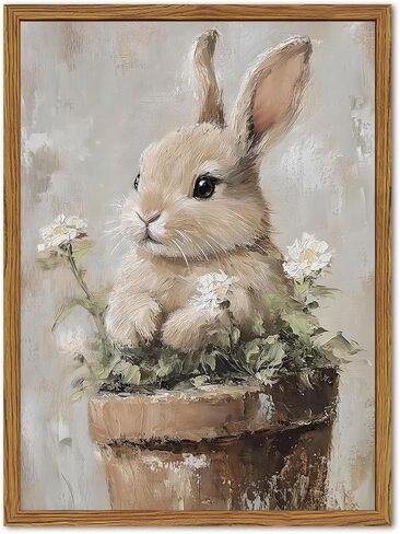 Framed Vintage Easter Bunny Wall Art, Cute Cottagecore Rabbit Floral Pictures Wall Decor, Spring Farmhouse Animal Paintings Prints Rustic Home Decor for Living Room Bedroom Nursery 12x16 inch in Saudi Arabia