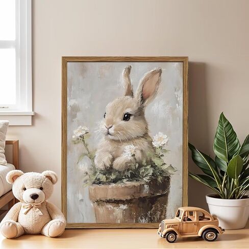 Framed Vintage Easter Bunny Wall Art, Cute Cottagecore Rabbit Floral Pictures Wall Decor, Spring Farmhouse Animal Paintings Prints Rustic Home Decor for Living Room Bedroom Nursery 12x16 inch in Saudi Arabia