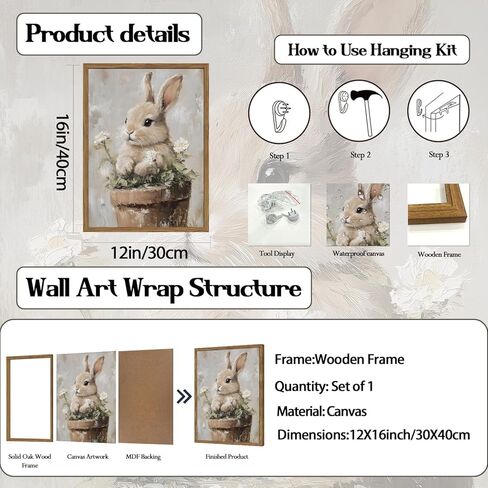 Framed Vintage Easter Bunny Wall Art, Cute Cottagecore Rabbit Floral Pictures Wall Decor, Spring Farmhouse Animal Paintings Prints Rustic Home Decor for Living Room Bedroom Nursery 12x16 inch in Saudi Arabia