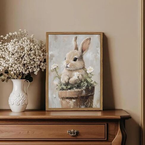 Framed Vintage Easter Bunny Wall Art, Cute Cottagecore Rabbit Floral Pictures Wall Decor, Spring Farmhouse Animal Paintings Prints Rustic Home Decor for Living Room Bedroom Nursery 12x16 inch in Saudi Arabia