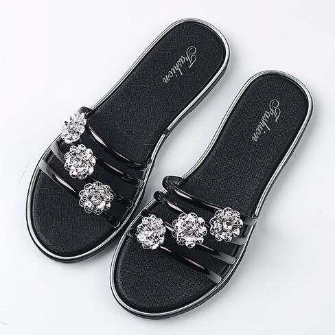Women's Rhinestone Flat Slide Sandals, Sparkly Floral Strappy Summer Shoes for Beach Party Dressy Casual Slides in Saudi Arabia