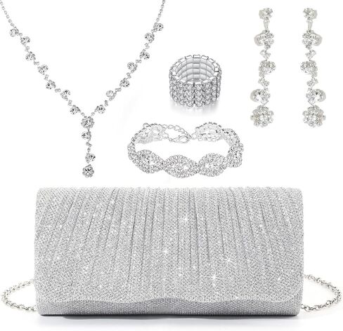 مجموعة إكسسوارات مجوهرات كريستالية بمحفظة فضية للنساء لحفلات الزفاف المسائية in Kuwait