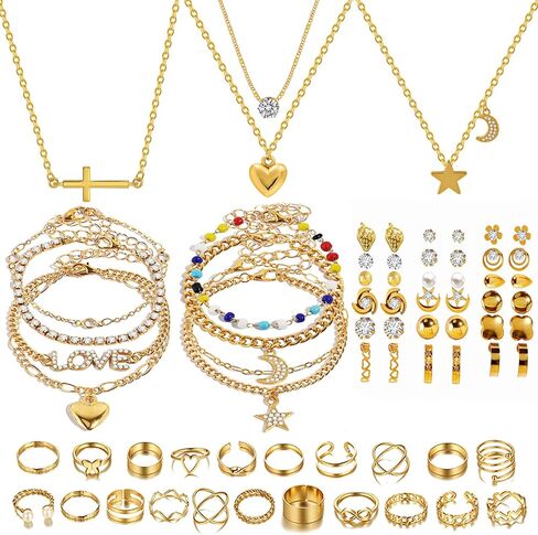 KOSMOS-LI Golden Jewelry Set Stocking Stuffers with 4pcs Necklaces, 36pcs Earrings, 22pcs Rings Collection Fashion Accessories for Women Multiple Styles and Sizes in Kuwait