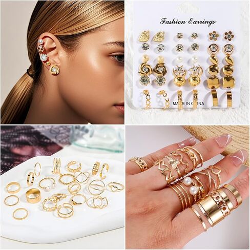 KOSMOS-LI Golden Jewelry Set Stocking Stuffers with 4pcs Necklaces, 36pcs Earrings, 22pcs Rings Collection Fashion Accessories for Women Multiple Styles and Sizes in Kuwait