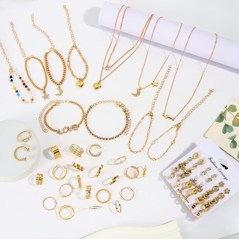 KOSMOS-LI Golden Jewelry Set Stocking Stuffers with 4pcs Necklaces, 36pcs Earrings, 22pcs Rings Collection Fashion Accessories for Women Multiple Styles and Sizes in Kuwait