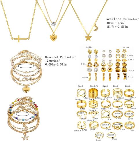 KOSMOS-LI Golden Jewelry Set Stocking Stuffers with 4pcs Necklaces, 36pcs Earrings, 22pcs Rings Collection Fashion Accessories for Women Multiple Styles and Sizes in Kuwait