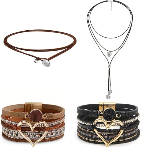 4 Pcs Boho Western Jewelry Set for Women, Faux Leather Wrap Multi-Layer Crystal Heart Bracelet Bangle Jewelry & Boho Country Pendant Layered Choker Necklace for Women Cowgirl Accessories (Brown Black) in Saudi Arabia