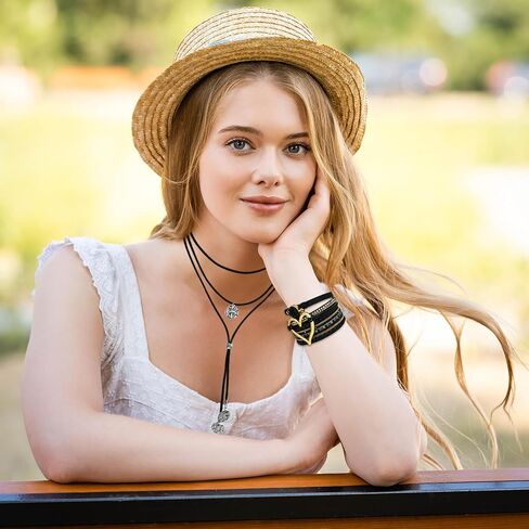 4 Pcs Boho Western Jewelry Set for Women, Faux Leather Wrap Multi-Layer Crystal Heart Bracelet Bangle Jewelry & Boho Country Pendant Layered Choker Necklace for Women Cowgirl Accessories (Brown Black) in Saudi Arabia