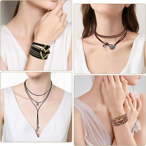 4 Pcs Boho Western Jewelry Set for Women, Faux Leather Wrap Multi-Layer Crystal Heart Bracelet Bangle Jewelry & Boho Country Pendant Layered Choker Necklace for Women Cowgirl Accessories (Brown Black) in Saudi Arabia
