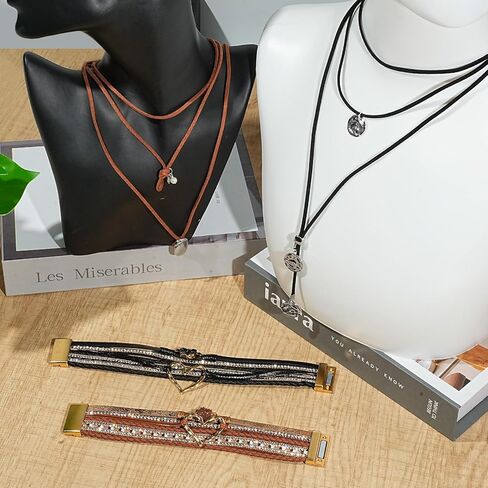 4 Pcs Boho Western Jewelry Set for Women, Faux Leather Wrap Multi-Layer Crystal Heart Bracelet Bangle Jewelry & Boho Country Pendant Layered Choker Necklace for Women Cowgirl Accessories (Brown Black) in Saudi Arabia