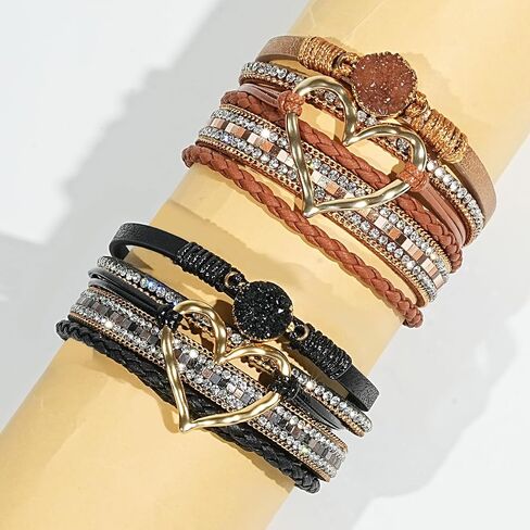4 Pcs Boho Western Jewelry Set for Women, Faux Leather Wrap Multi-Layer Crystal Heart Bracelet Bangle Jewelry & Boho Country Pendant Layered Choker Necklace for Women Cowgirl Accessories (Brown Black) in Saudi Arabia