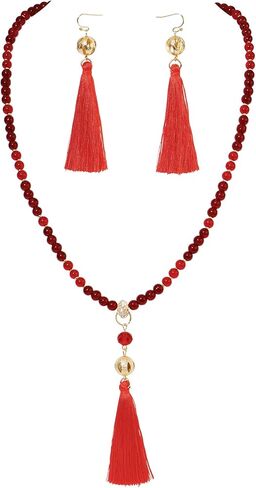 Long Beaded Statement Necklace - Boho Tassel Jewelry Set,Long Beads Necklace for Women in Kuwait