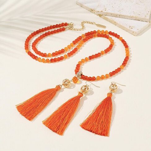 Long Beaded Statement Necklace - Boho Tassel Jewelry Set,Long Beads Necklace for Women in Saudi Arabia