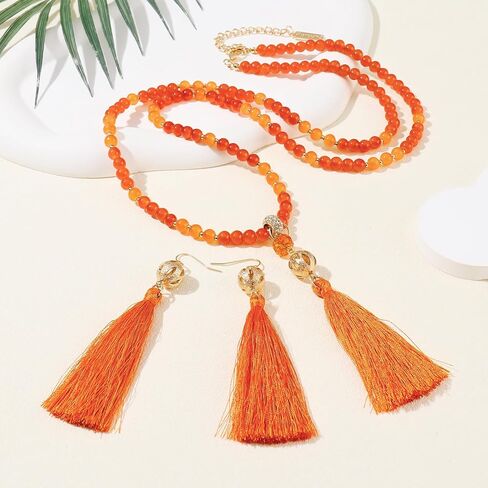 Long Beaded Statement Necklace - Boho Tassel Jewelry Set,Long Beads Necklace for Women in Saudi Arabia