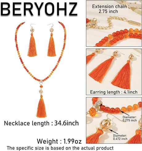 Long Beaded Statement Necklace - Boho Tassel Jewelry Set,Long Beads Necklace for Women in Saudi Arabia
