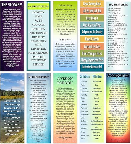 12 Step AA Sobriety Bookmarks- Set of 10 2x6 Laminated Recovery Gifts with Serenity Prayer, Big Book Index, Acceptance, St Francis Prayer, 3rd & 7th Step Prayer by Cheryl's Bookmarks in Saudi Arabia