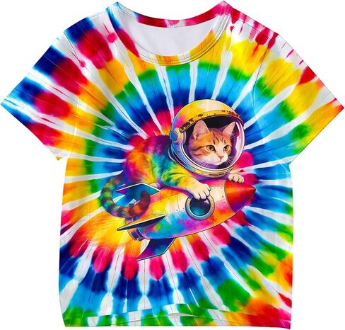 Kids Tie Dye Shirt for Girls Boys Colorful Animal Print T-Shirt Hippie Style Casual Tee Youth Clothing 6-16 Years in Saudi Arabia