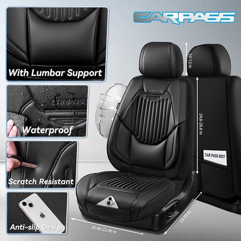 CAR PASS Luxury Nappa Leather Car Seat Covers Two Front, Lumbar Support Seat Covers for Car 2 Seats, Waterproof Car Seat Protector, Automotive Seat Cover Universal Fit for Most Sedans SUV Trucks Black in Saudi Arabia