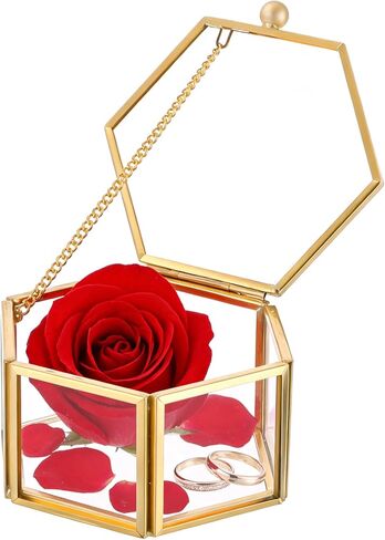 صندوق مجوهرات زجاجي ذهبي عتيق من MAOPINER، صندوق حلقي زجاجي مقاس 3.1 × 2.5 × 1.7 بوصة، صندوق مجوهرات صغير سداسي الشكل مع غطاء، صندوق تذكار شفاف للعرض والتخزين in Kuwait