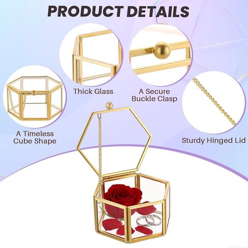 صندوق مجوهرات زجاجي ذهبي عتيق من MAOPINER، صندوق حلقي زجاجي مقاس 3.1 × 2.5 × 1.7 بوصة، صندوق مجوهرات صغير سداسي الشكل مع غطاء، صندوق تذكار شفاف للعرض والتخزين in Kuwait