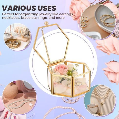 صندوق مجوهرات زجاجي ذهبي عتيق من MAOPINER، صندوق حلقي زجاجي مقاس 3.1 × 2.5 × 1.7 بوصة، صندوق مجوهرات صغير سداسي الشكل مع غطاء، صندوق تذكار شفاف للعرض والتخزين in Kuwait