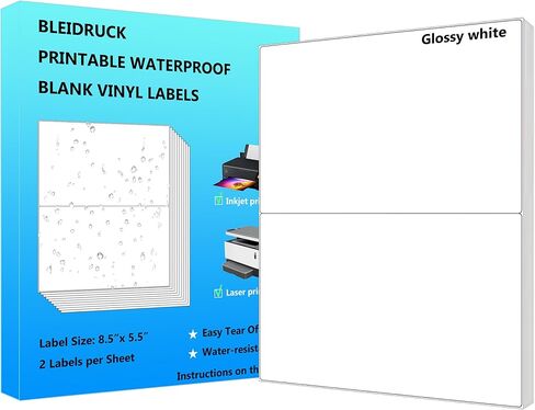 2 Up Glossy White Waterproof Sticker Shipping Labels, 8.5" x 5.5" Half Sheet Vinyl Address Lalebs for Laser or Inkjet Printers, 25 Sheets 50 Total Permanent Adhesive Labels in Saudi Arabia