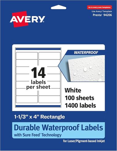Avery Printable Durable White Rectangle Labels, Sure Feed Technology, 1-1/3" x 4", Waterproof Labels, Laser & Pigment-Based Inkjet Compatible, 350 Total in Saudi Arabia
