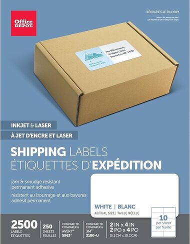 ملصقات شحن ليزر بيضاء من Office Depot، 2 بوصة. × 4 بوصة، عبوة من 2500 قطعة، 505-O004-0020 in Saudi Arabia