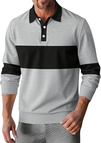 Men's Waffle Striped Polo Shirts Knit Textured Slim Fit Golf Shirt Long Sleeve Colorblock Lapel Button Pullover Tops in Saudi Arabia